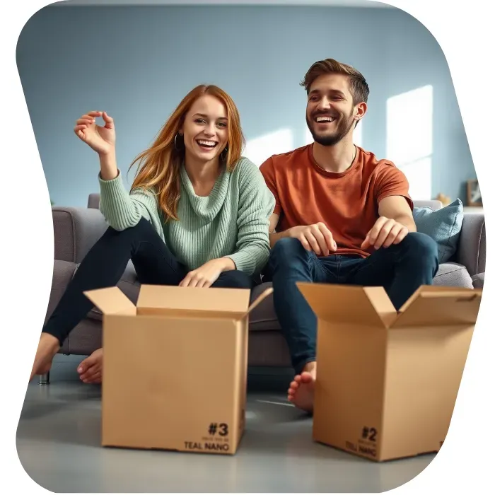 Two guys sitting on the floor of their apartment with Muval moving boxes